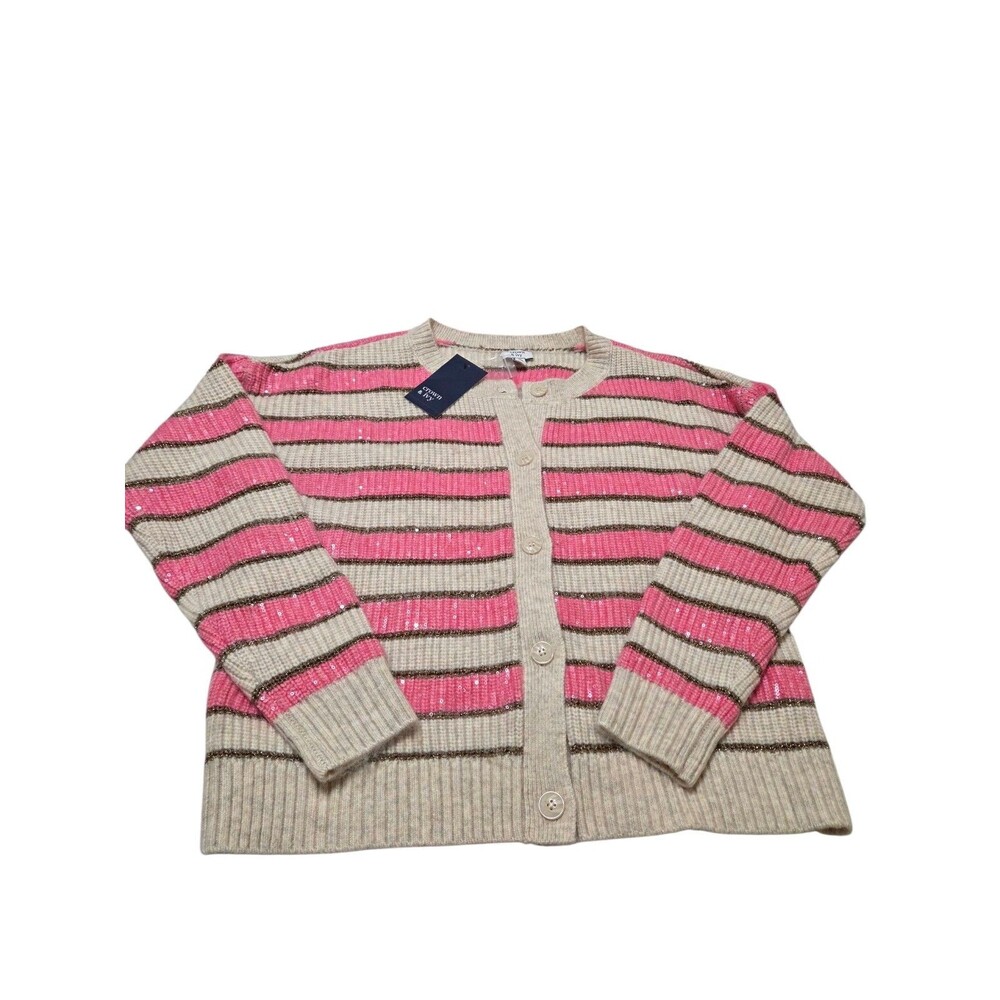 Crown & Ivy Women's Stripe Shine Sequin Cardigan Large Pink Tan Gold NWT S.1 - Picture 3 of 9